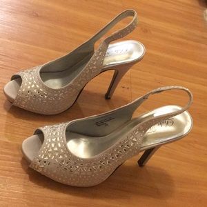 Lulu Townsend silver heels with rhinestones